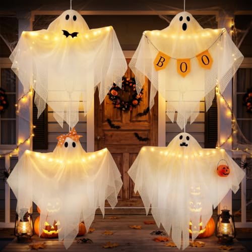 Lighted Hanging Ghost Decorations with Timer - Ghosts with Ornaments Halloween Set