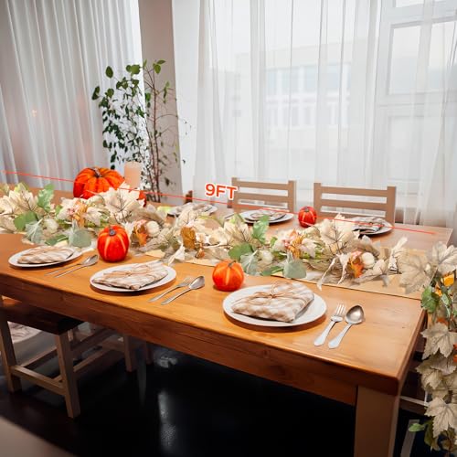 9ft Fall Garland with White Pumpkins & Maple Leaves - 2 Pack Harvest Decor