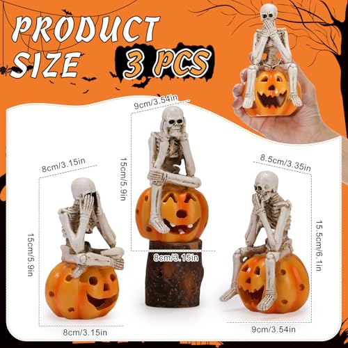 Halloween Skeleton Statue Set - See No Evil, Hear No Evil, Speak No Evil Sitting on Pumpkin