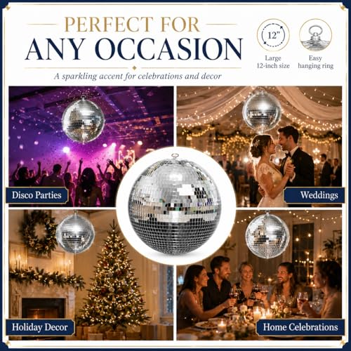 12-Inch Large Hanging Mirror Ball for Disco Party Decor - Black+Pink Variation