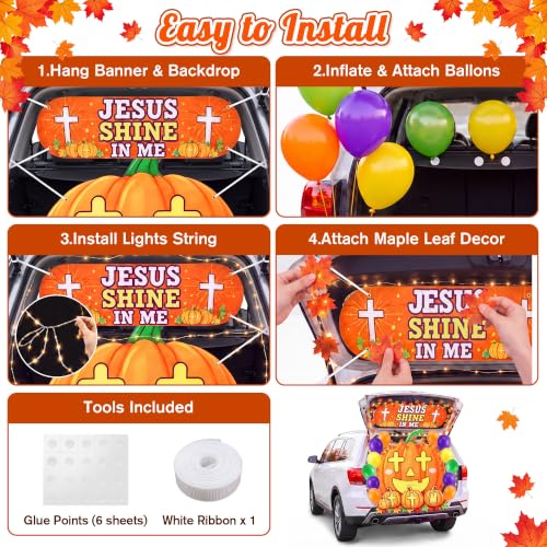Halloween Pumpkin Car Decorations Kit with LED String Lights & Religious Banner