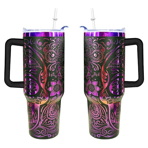 40 oz Skull Laser Engraved Tumbler with Handle & Lid - Purple Variation