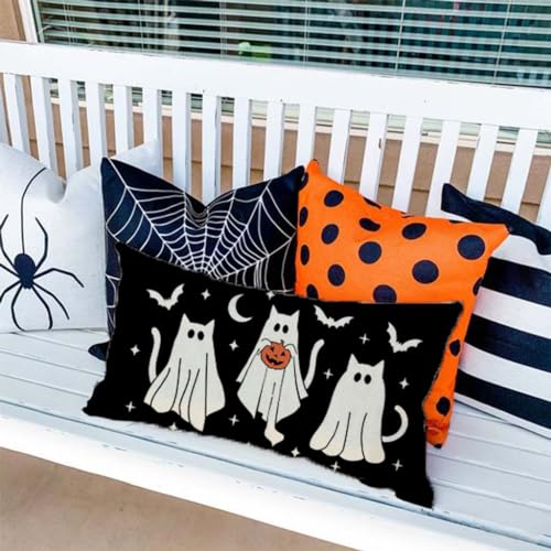 Halloween Throw Pillow Cover 12x20 Ghost Cat Black - Farmhouse Decor