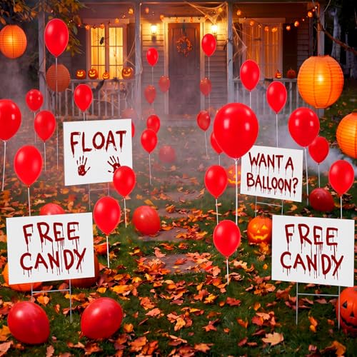 Halloween Yard Decorations Kit with Red Balloons & Creepy Signs - Outdoor Spooky Decor