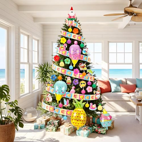 Summer Christmas Tree Ornaments Set - Tropical Hibiscus Pineapple Flamingo & Ice Cream Decorations - Summer Christmas Variation
