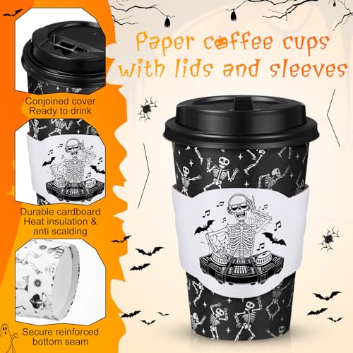Halloween Skeleton 12 oz Disposable Coffee Cups with Lids & Sleeves - Pack of 100