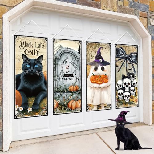 Halloween Hanging Banner 4PCS Black Cat Skull Ghosts Haunted Mansion Decor