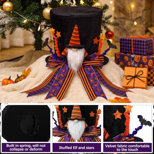 Halloween Tree Topper Hat - Gnome Pumpkin Ribbon Decoration, Foldable, 8.3x9 in