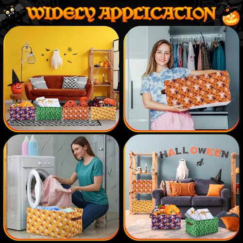 Halloween Storage Baskets - Foldable Canvas Organizer Bins with Handles - 4 Pack
