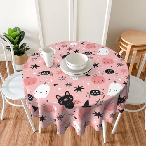 Pink Halloween Round Tablecloth 60 Inch Ghost Pumpkin Decoration, Washable & Wrinkle-Resistant