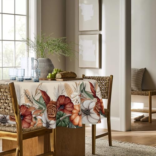 Horaldaily Fall Round Tablecloth 90 Inch Beige Flower Autumn Pumpkin