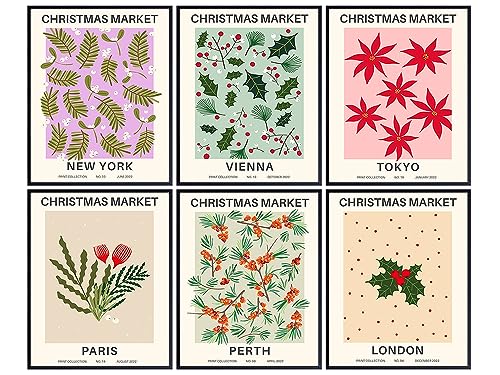 Mid-Century Modern Christmas Wall Art Prints - Holiday Decor, Abstract Art, Minimalist Flower Collage