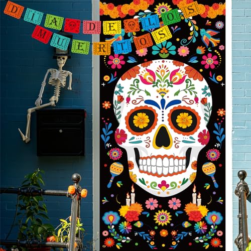 Dia De Los Muertos Decorations Set - Porch Signs, Banners & Door Cover for Halloween & Cultural Celebrations