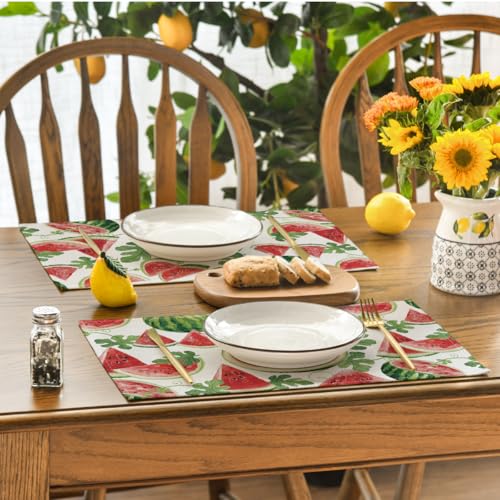Watermelon Fruit Summer Placemats Set of 4 - 12x18 Inch Rectangular Red Table Mats for Dining & Party