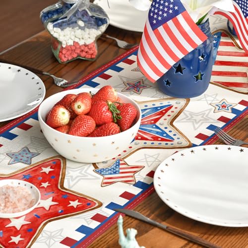 Patriotic 4th of July Stars American Flag Table Runner 13x60 Inch Beige
