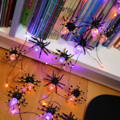 Battery-Powered Spooky Glowing Spider Halloween Lights - Waterproof 10FT String with 15 3D Spiders & Remote