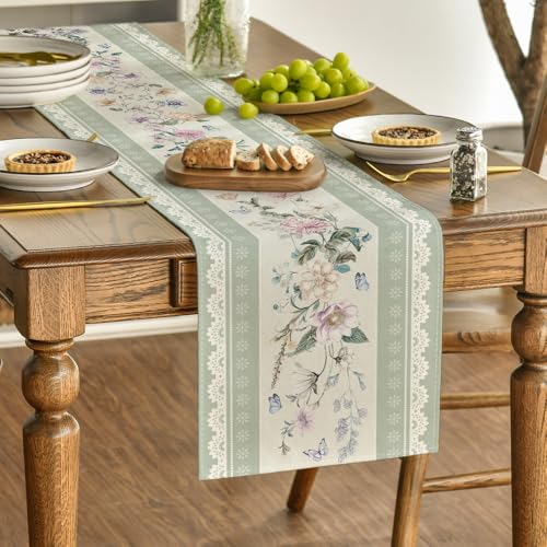 Green Printed Lace Floral Table Runner 13x72 Inch Summer Kitchen Decor