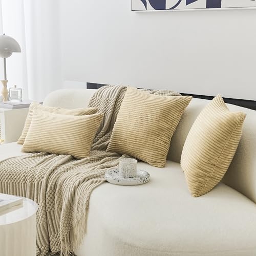 24x24 Inch Taupe Pillow Shams Set of 2 - Striped Corduroy Velvet European Throw Pillowcases for Bed Decor