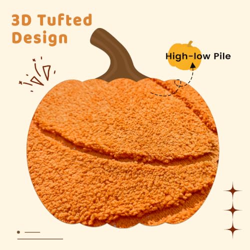 Pumpkin-Shaped 3D Bath Mat - Fall Rug with Brown Stem, 22x25.5 Inches - Orange & Brown