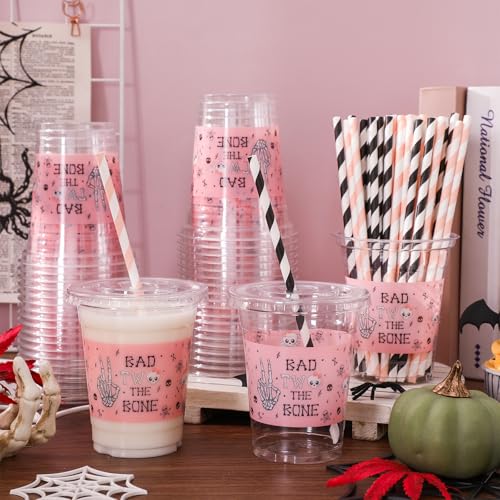 Halloween Plastic Cups with Lids & Straws 12oz - Bad Two The Bone Pink Black Skull Set