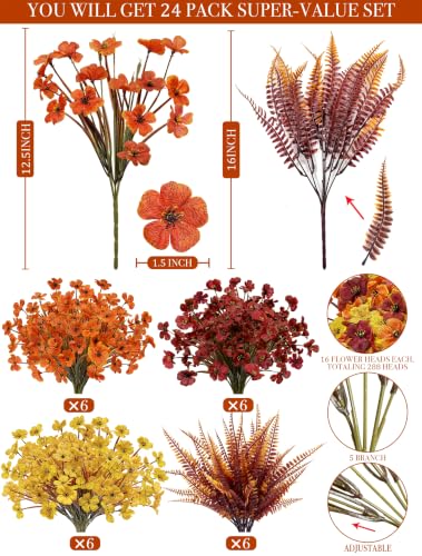 Fall Artificial Flower Set - 24 Faux Autumn Plants for Outdoor & Indoor Decor