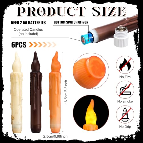 Halloween Flameless Taper Candles Set - Real Wax Hand Dipped, 6.5 Inch, 6 Pack
