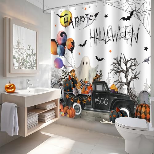 Halloween Shower Curtain with Ghost Pumpkin Balloon Design - Waterproof Fabric, 72x72 inches