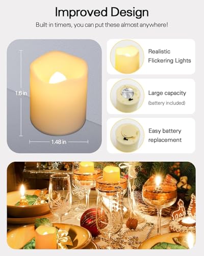 Flickering Flameless Votive Candles with Timer - 24 Pack LED Tea Lights, Warm White, Long Battery Life for Weddings & Holidays