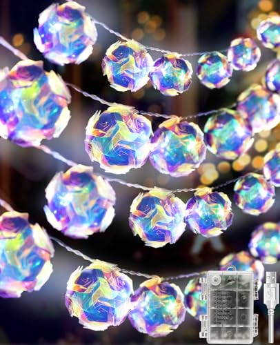 AceList Lotus Ball 50 LED Iridescent String Lights - USB & Battery Powered Disco Decor
