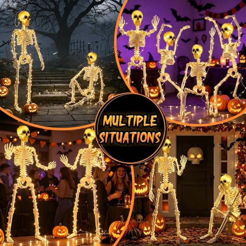 2 Pack 36-Inch Light Up Halloween Skeletons Full Body Posable Decor - Waterproof & Movable Joints
