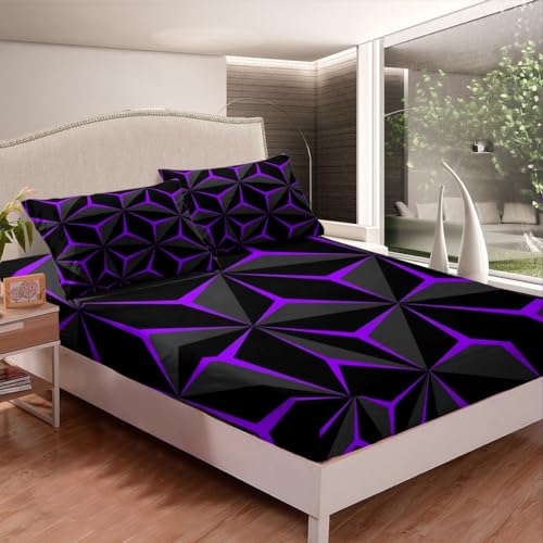 Neon Honeycomb Sheet Set King Size - Geometric 3D Purple Bedding for Teens & Adults - Multi 107
