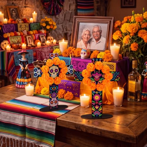 Day of the Dead Table Decor Set - Marigold & Sugar Skull Wooden Crosses, 2 Pieces