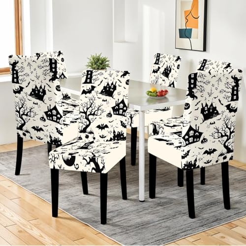 Halloween Chair Covers for Dining Room – Spooky Black & White Slipcovers with Haunted House & Bats, 4/04 Variation