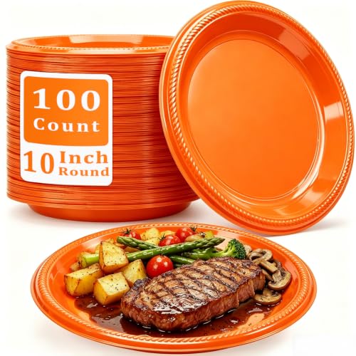 BONSINY 10 Inch Orange Plastic Plates - 100 Pack Disposable Party Tableware - Variation: Orange / 100 Pcs