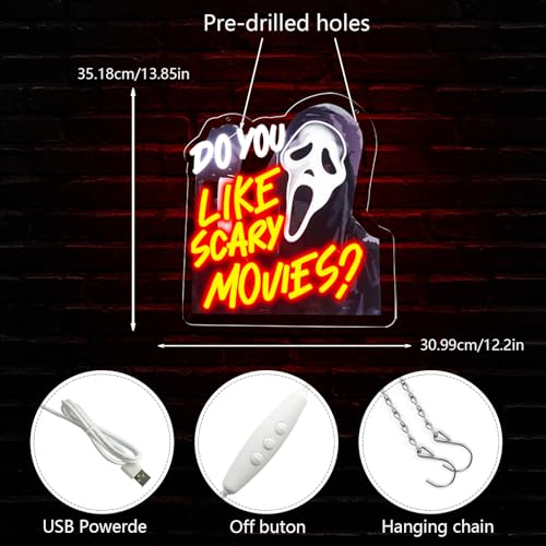 LED Horror Style Neon Sign for Wall Decor - USB Powered, Dimmable, Acrylic Light, Red Movies Variation