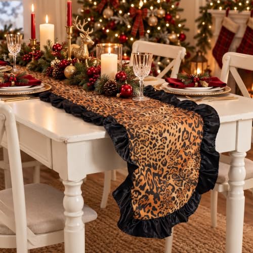 Christmas Leopard Table Runner with Black Ruffle Border - 13x72 Inches