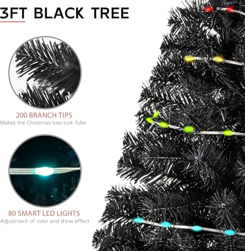 Black 3ft Artificial Christmas Tree with RGB Lights - Halloween & Holiday Decor