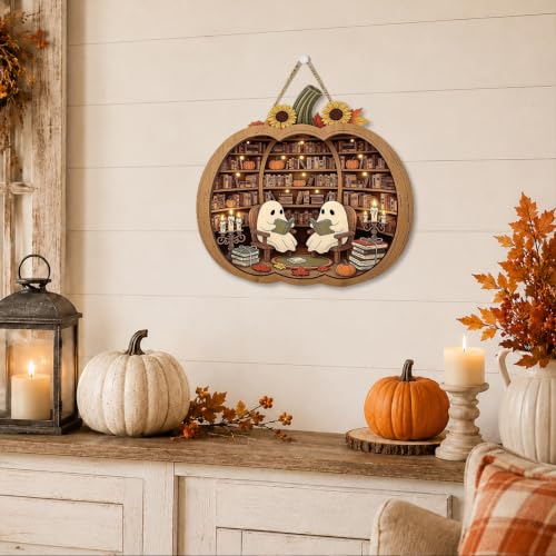Halloween Pumpkin Library Sign - Bookish Ghost Decor for Fall & Halloween