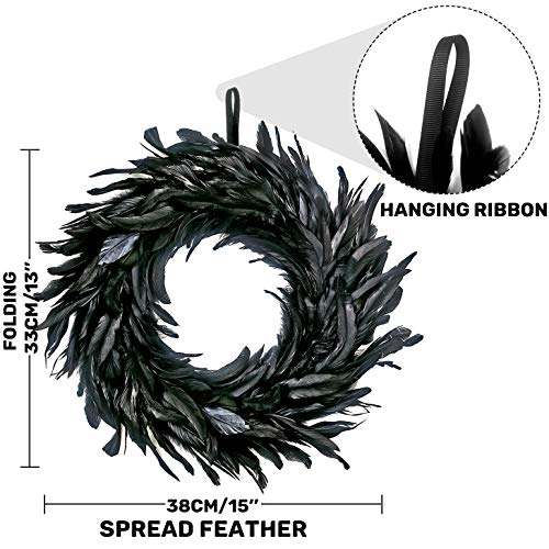 Black Feather Wreath - 14.9'' Halloween Front Door Decor - Variation of Feather Wreath 1