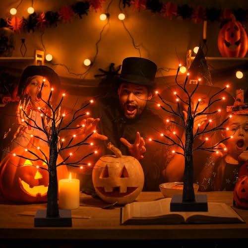 Halloween Decorations Indoor 2 Pack Black Tree with Orange Lights - 24in Timer