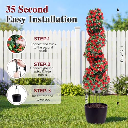 3ft Artificial Topiary Spiral Trees with Roses - Faux Outdoor Bushes Set of 2