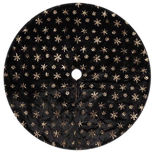 48 Inch Black Gold Faux Fur Christmas Tree Skirt with Sequin Snowflakes