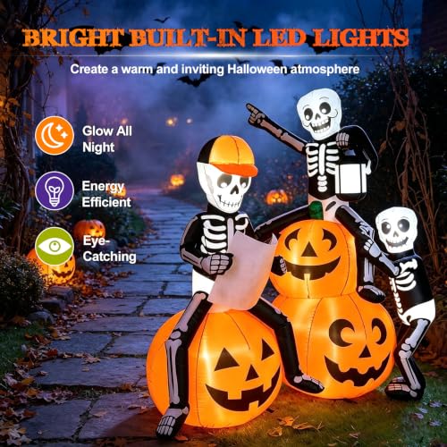 5FT Skeleton Inflatable Halloween Outdoor Decoration with Pumpkins and LED Lights