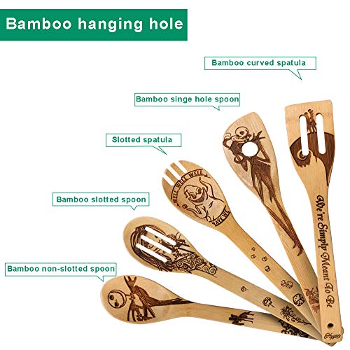 Halloween Wooden Spoon Set - Burned Look 5-Piece Kitchen Utensils with Variation Nightmare3