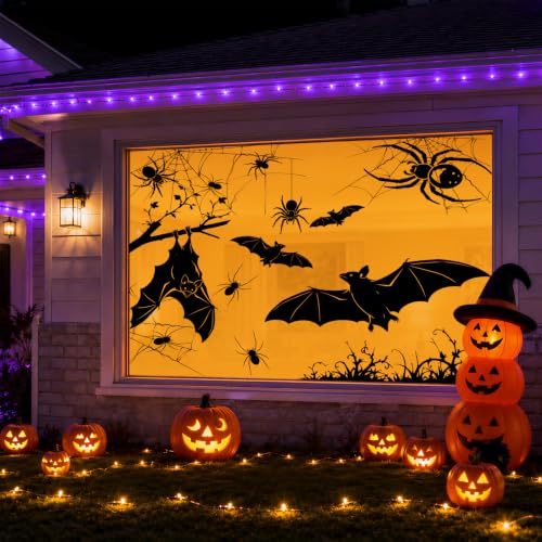 Halloween Window Clings Decorations - Extra Large Silhouette Spiders Bats Cobwebs, 5 Sheets, D Variation