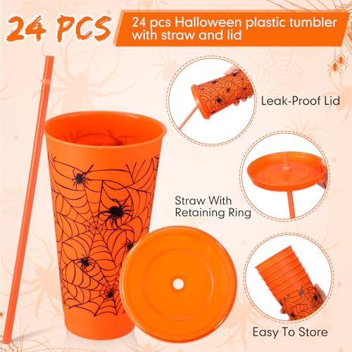 Halloween Plastic Cups with Lids & Straws - Orange Spiderweb Pattern, 24 oz, Bulk Pack