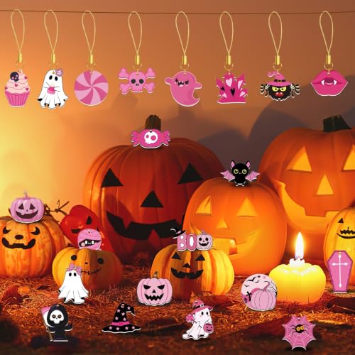 Pink Halloween Decorations Set - 36 Double-Sided Acrylic Hanging Ornaments with Gold Strings