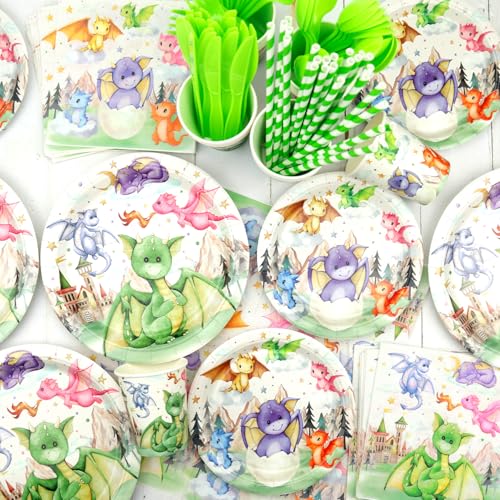 Dragon Party Supplies Set for 20 Guests - Birthday Backdrop Plates Cups Napkins Balloons