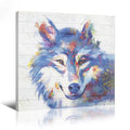 Blue Wolf Wall Art Canvas - Handmade Ribbon 20x20 Framed Animal Decor