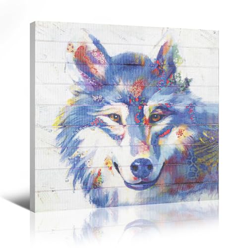 Blue Wolf Wall Art Canvas - Handmade Ribbon 20x20 Framed Animal Decor